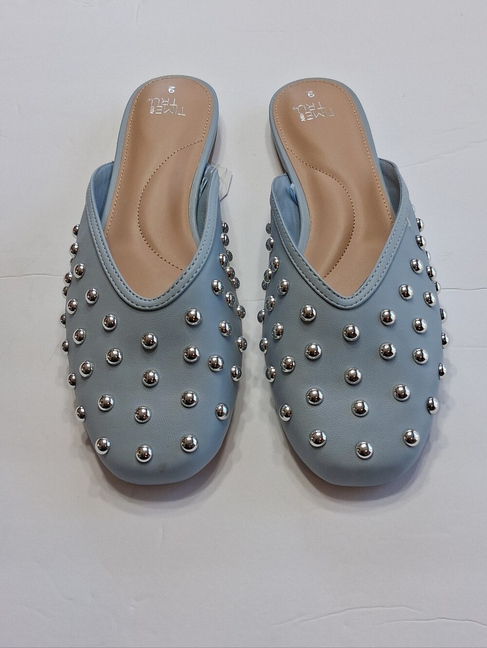 Time and Tru Light Blue Silver Studded Slip-On Flat Mules Women's Size 6